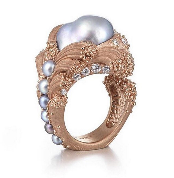 14K Custom Made Diamond and Pearls Ring